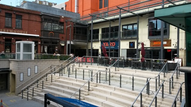 The Brewery Quarter in Cardiff, restaurants above a wide flight of steps.