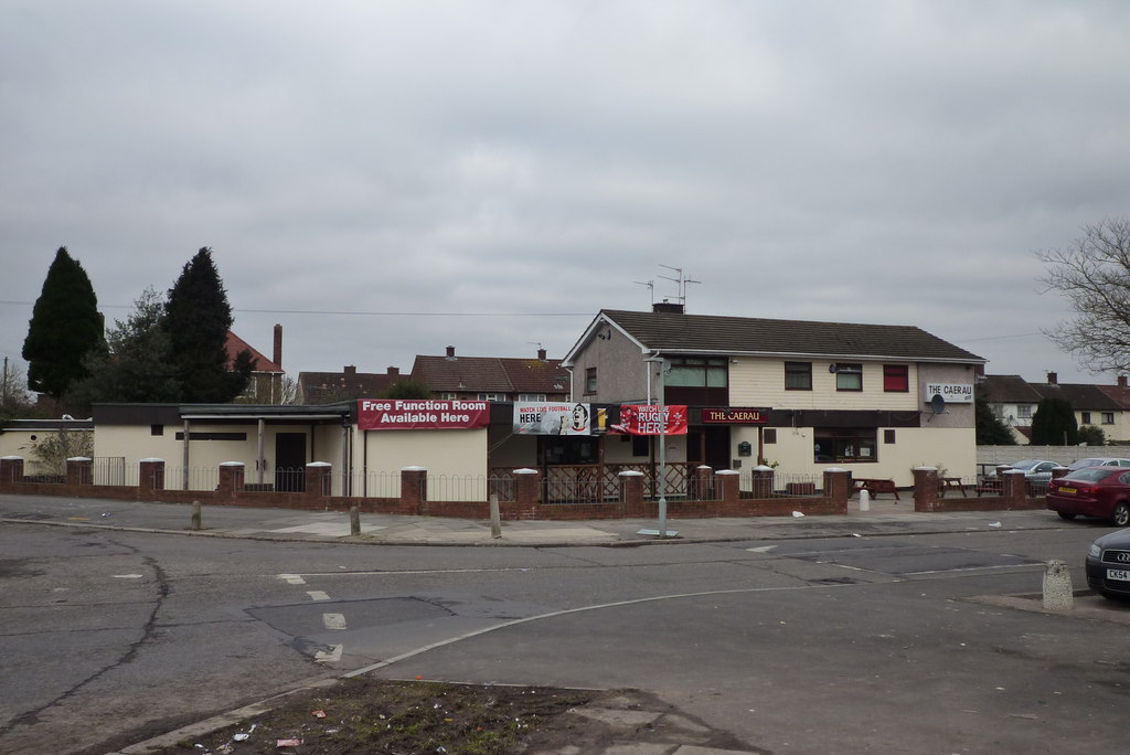 The Caerau pub near Heol Trelai in Ely, on a wide road junction.