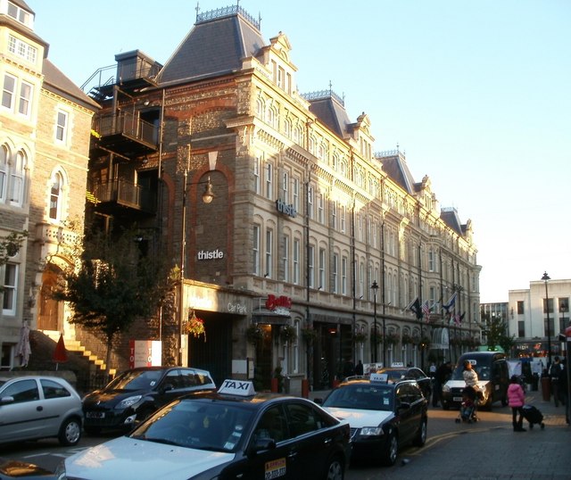 The Parc Hotel, a tall Victorian building on a busy street in Cardiff.