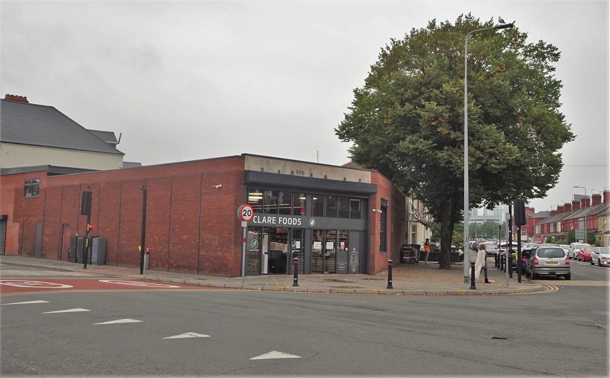 Clare Food Stores, a red-brick shop on a street corner in Grangetown.