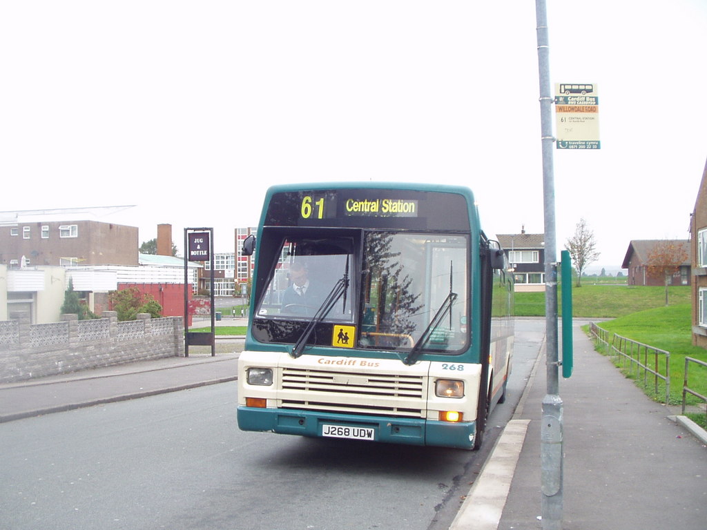 A bus at the stop opposite the pub in Pentrebane.