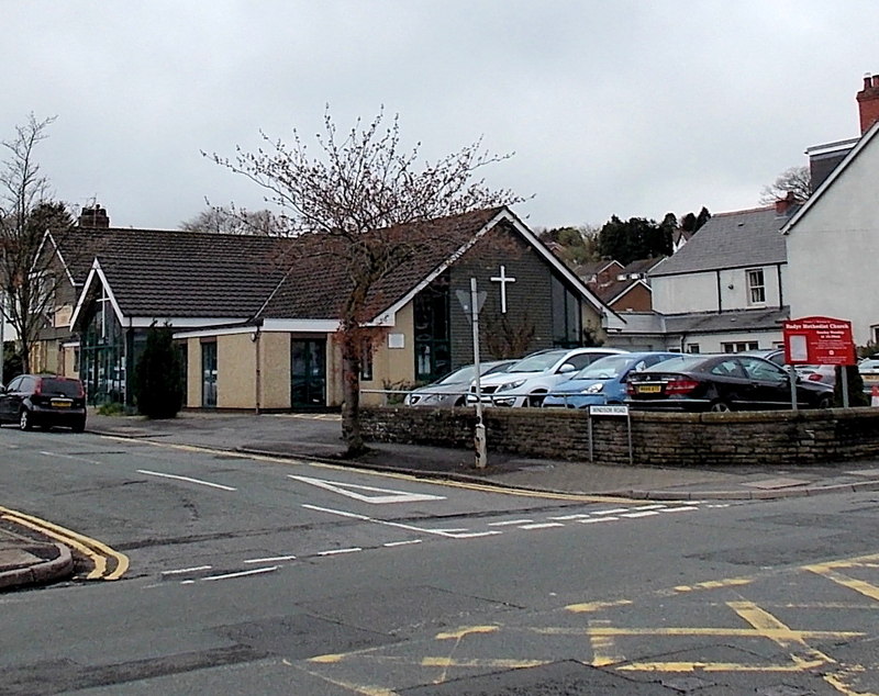 Radyr Methodist Church, a modern single-storey church at a road junction.